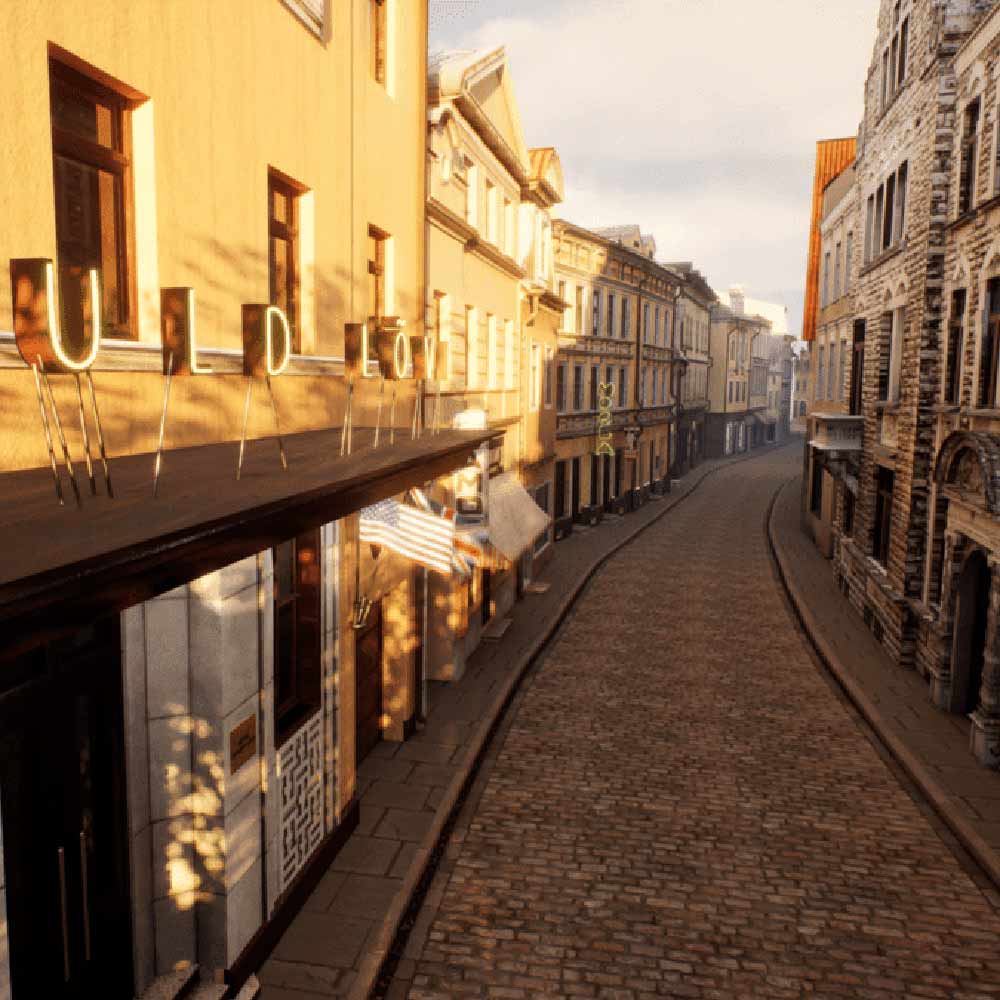 Virtuaalitodellisuusnäkymä Tallinnan vanhan kaupungin kadulle.